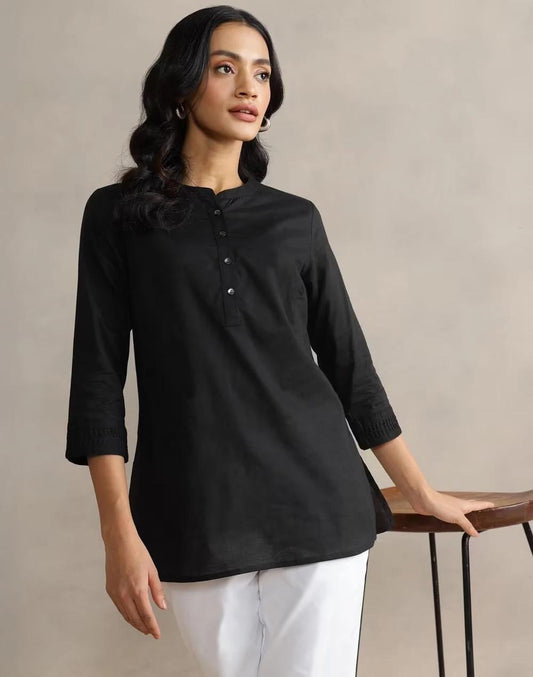 Black Cotton Slim Fit Short Kurta