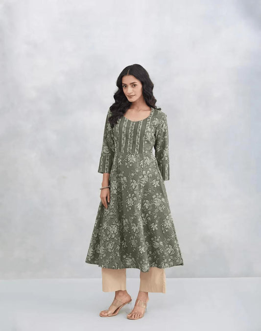 Grey Cotton Dabu Printed Slim Fit Long Kurta