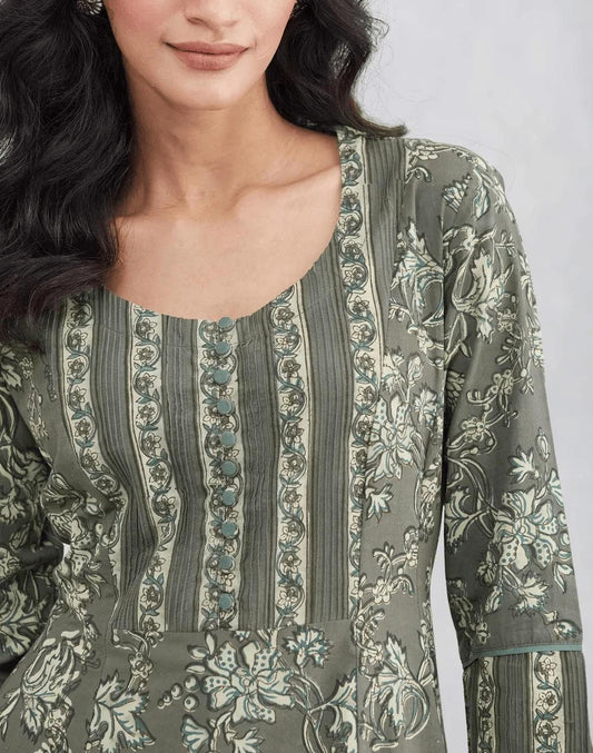 Grey Cotton Dabu Printed Slim Fit Long Kurta