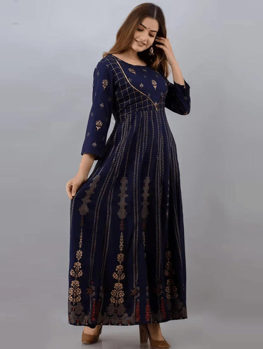 Women boat neck printed flared kurta