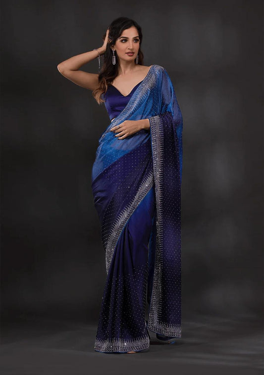 Royal Blue Stonework Satin Designer Saree