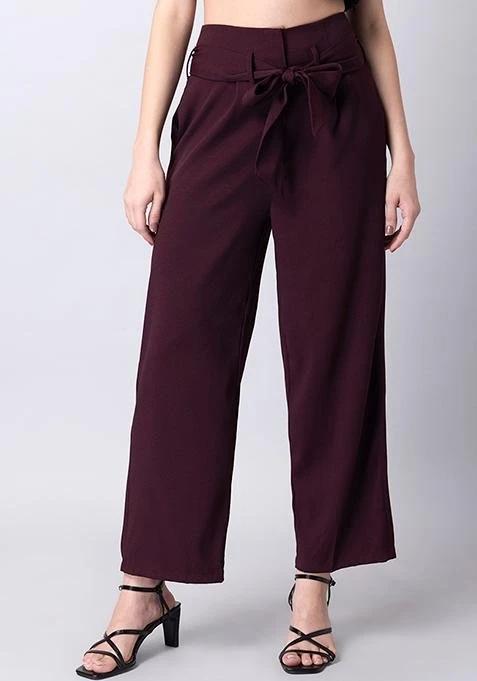Wine Belted High Waist Paperbag